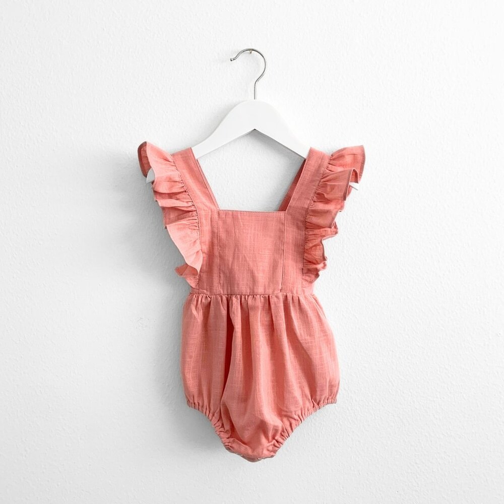 NWT Pretty Girls Linen Romper Bohemian Princess Spring & Summer Blush Pink 6-9M